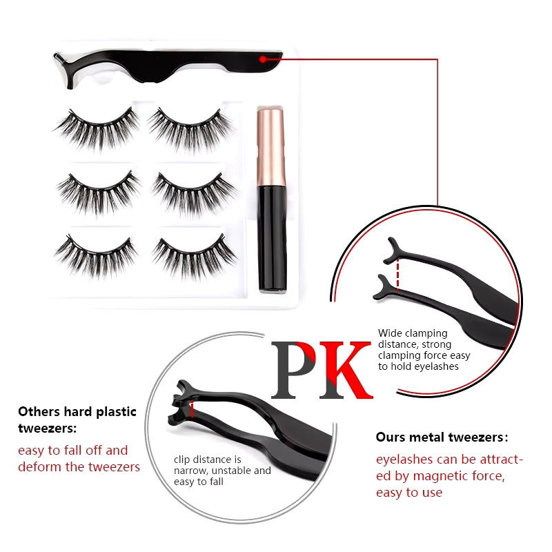 1/3/4Pairs Magnetic Eyelashes False Lashes Repeated Use Eyelashes Waterproof Liquid Eyeliner with Tweezer Make up Sets Hotting